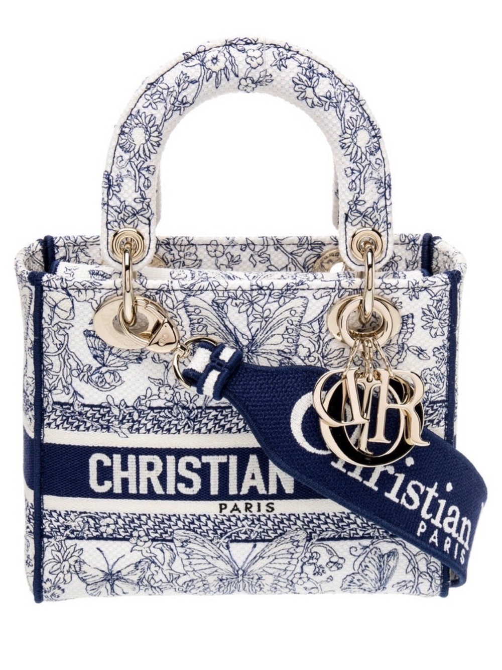 Dior White & Navy Toile de Jouy Mini Lady Dior - Signature D-lite Medium